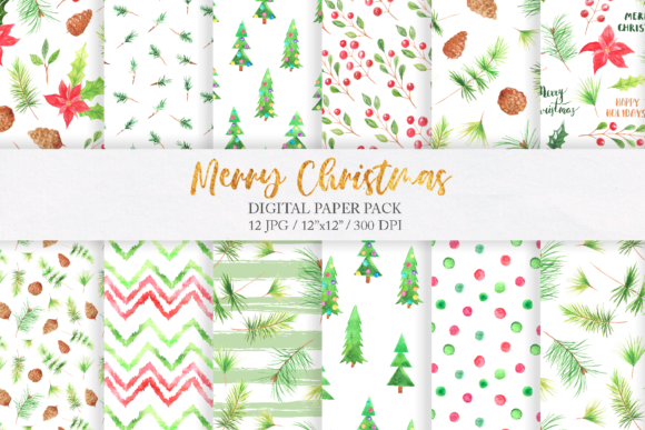 Watercolor Christmas Digital Papers Pack – Festive Patterns for Seasonal Branding