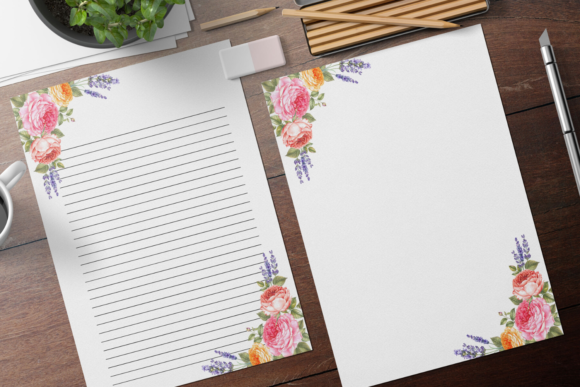 Watercolor Rose and Lavender Stationary for Soft, Elegant Print Templates